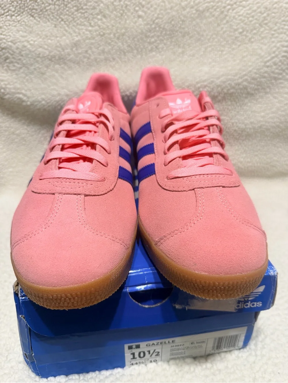 Adidas Gazelle Pink with Blue Stripes and Gum Sole